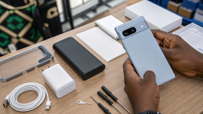 Phone camera lenses and power accessories arranged for Pixel buying checks