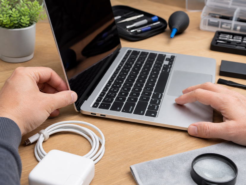 Close-up inspection of a used 13-inch laptop keyboard, USB-C ports and charger