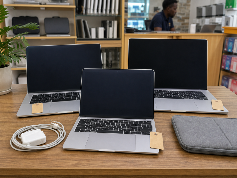 Three used MacBook-style laptops compared on a store desk