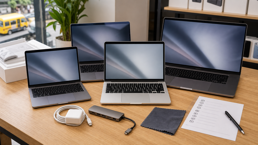 Apple laptop comparison setup with compact and larger MacBook options on a desk