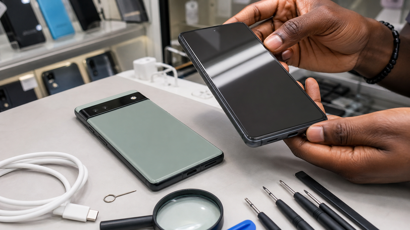 Close inspection of a compact Google Pixel style smartphone screen, camera bar, USB-C port and SIM tray