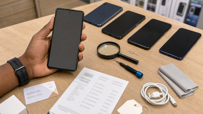 Buyer comparing compact Google Pixel smartphones on a neutral tabletop with repair and warranty checklist items nearby