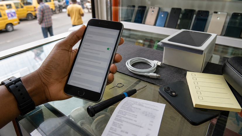 Annotated iPhone 8 Plus buyer checklist showing price, battery, software and unlock checks