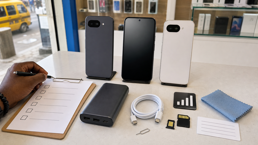 Pixel 10a buying checklist showing battery, camera, storage, 5G, warranty and charger checks for Nigerian buyers
