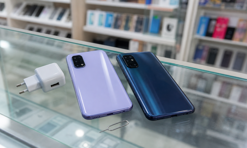 Two affordable smartphones on a retail counter with charger and SIM tray pin
