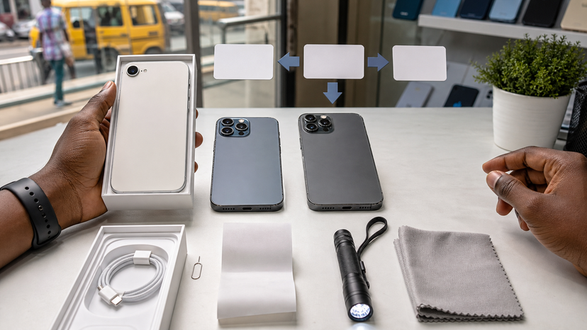 Nigeria iPhone buying checklist comparing new iPhone 17e with used older Pro iPhones