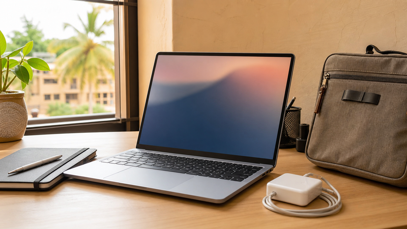 Compact premium laptop beside notebook, charger and travel bag for school and remote work