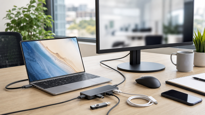 USB-C hub connected to a thin laptop with monitor and office accessories on a desk
