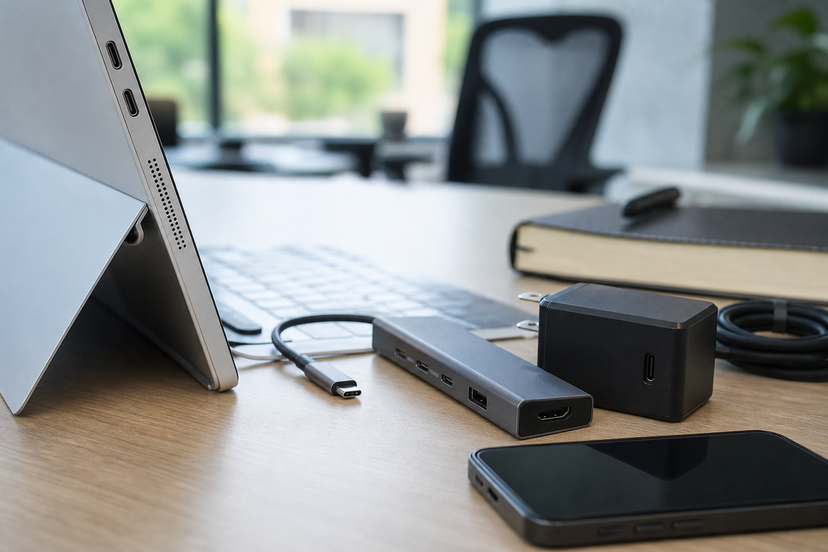 Close-up of a detachable laptop edge beside USB-C adapters and charger