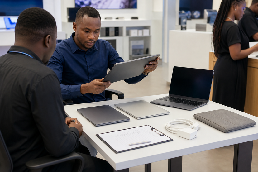 Buyer comparing premium laptops at a consultation table