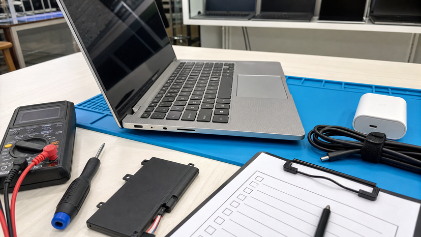 Close view of a slim 13-inch laptop keyboard, ports, charger and battery inspection setup