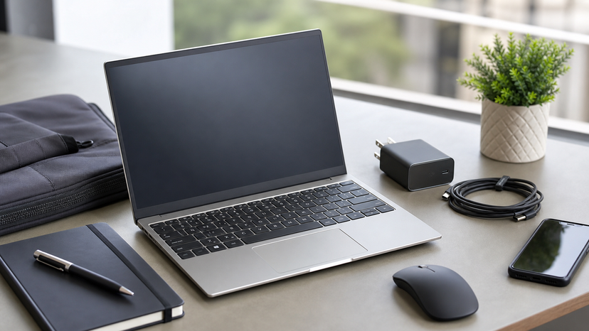 Portable laptop setup with charger, notebook, and small accessories for work or school