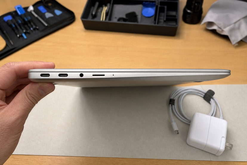 Close-up of a thin laptop side profile with ports, charger and inspection tools on a desk