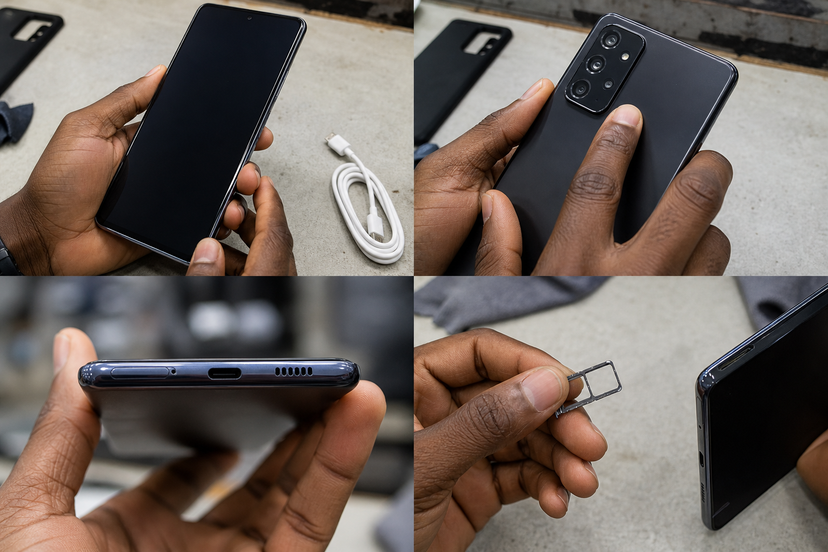 Hands inspecting a used Android phone screen, camera glass, USB-C port and SIM tray