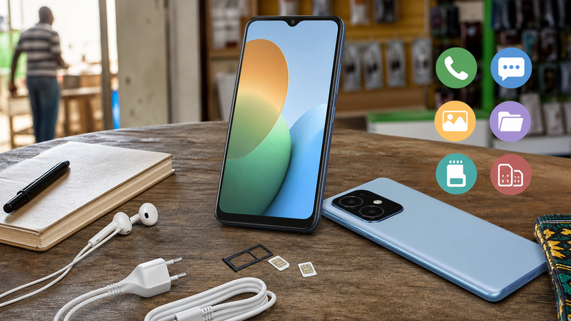 Itel A50Cs buyer fit visual showing calls, WhatsApp, storage and dual SIM use cases