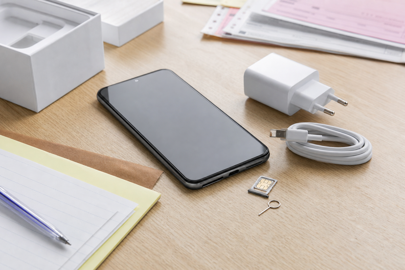 A smartphone, charger, cable and SIM tray arranged for buyer verification