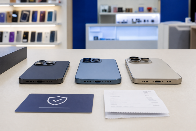 Three smartphones compared side by side on a retail counter
