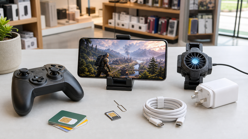 OnePlus 15R gaming setup diagram with phone, controller, cooler, charger and 5G signal checks