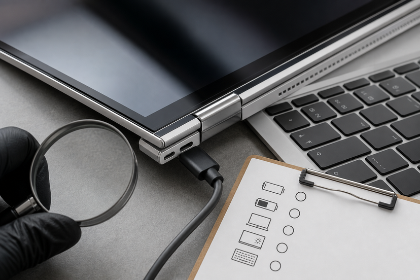 Close-up inspection of a used convertible laptop hinge, touchscreen edge, charger and checklist