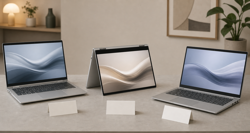 Three silver HP-style laptops arranged for comparing business convertible alternatives