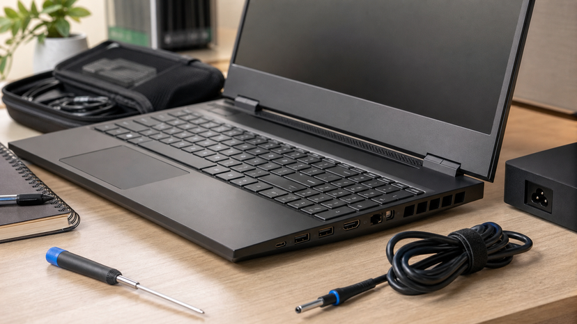 Close view of a gaming laptop keyboard, cooling vents and side ports on a work desk