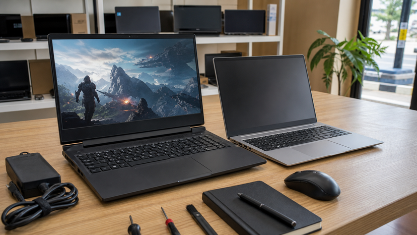 Laptop comparison scene showing a gaming notebook beside a slimmer work laptop without text or logos