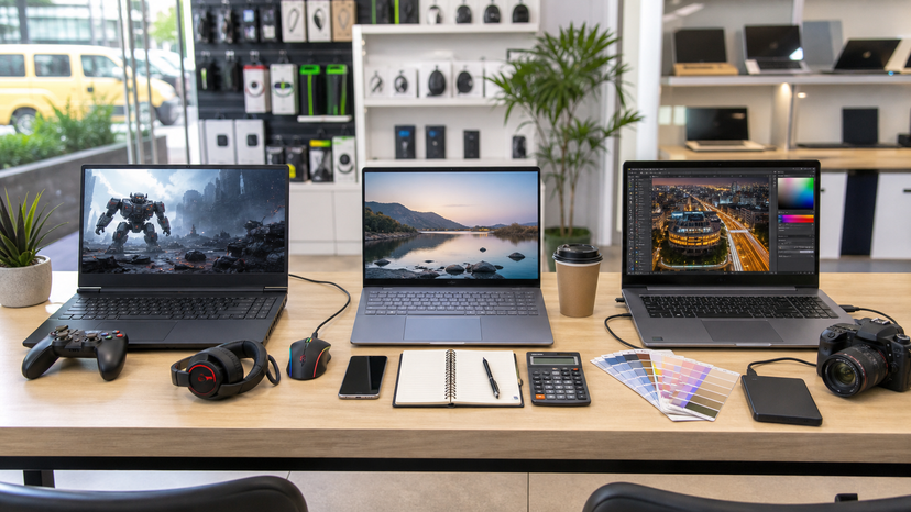 Laptop comparison desk with gaming, work and creator setups