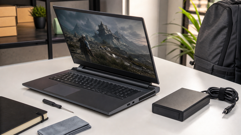 Close-up style render of a 15.6-inch gaming laptop with cooling vents and charger on a desk