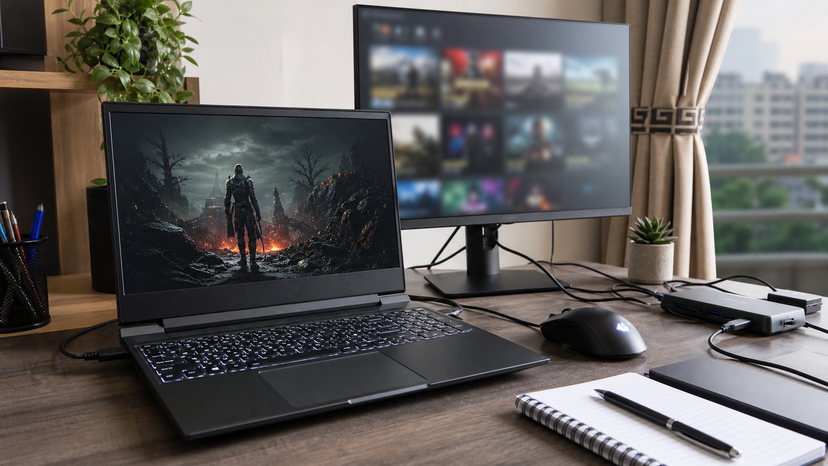 Gaming laptop workspace with external monitor, mouse and notebook for school and work