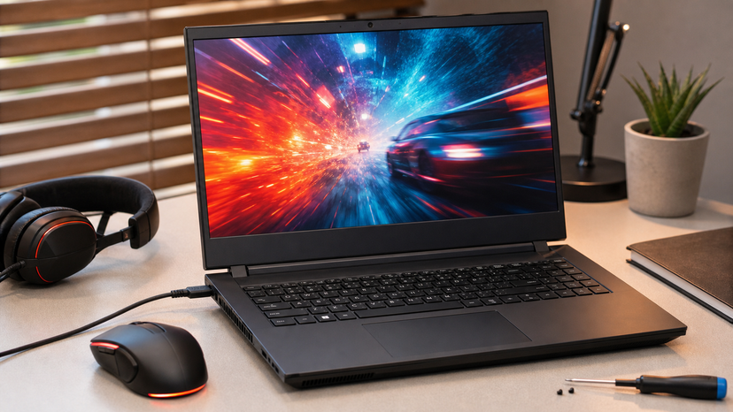 Close view of a 15-inch gaming laptop setup showing keyboard, vents and a 144Hz gaming display feel