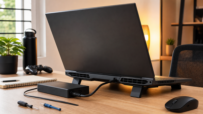 Gaming laptop raised slightly on a desk to show airflow and charger placement