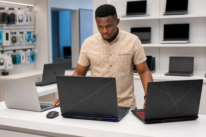 Buyer comparing gaming laptops in an electronics shop before choosing a configuration