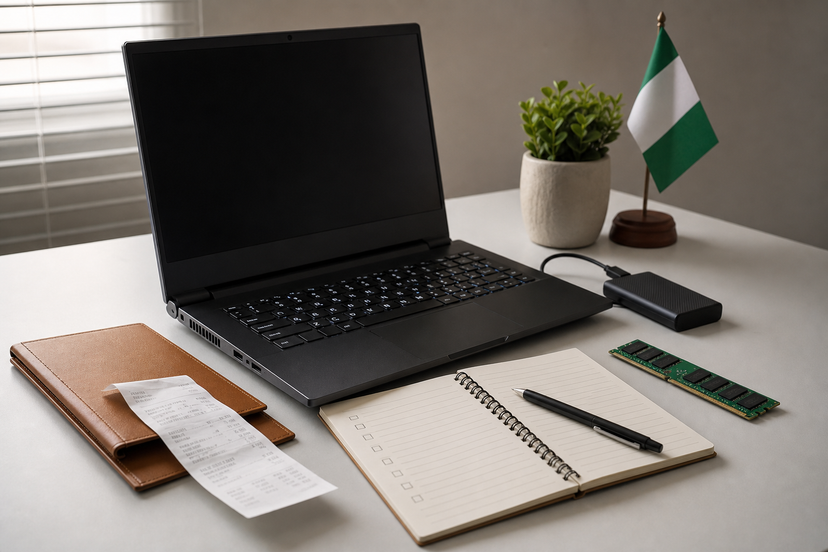 Laptop buying setup with external storage, RAM and checklist items on a desk