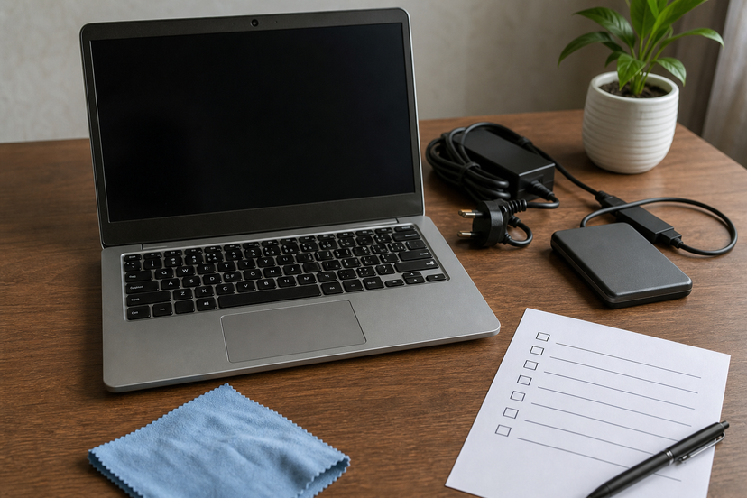 Used laptop with charger, external drive and blank inspection checklist on a desk