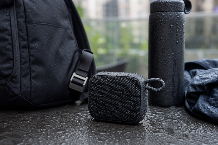 Portable Bluetooth speaker beside a backpack and water bottle with rain droplets
