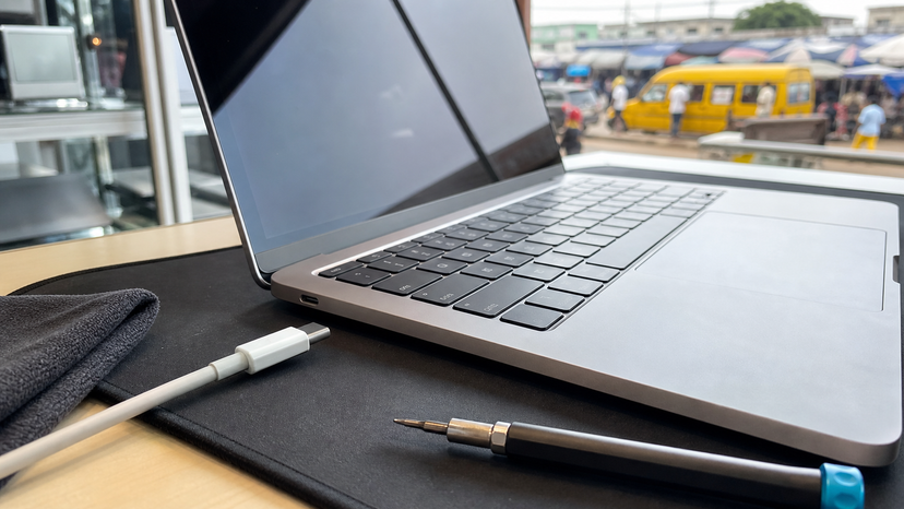 Close view of a silver MacBook keyboard, Retina display edge, and USB-C port inspection setup