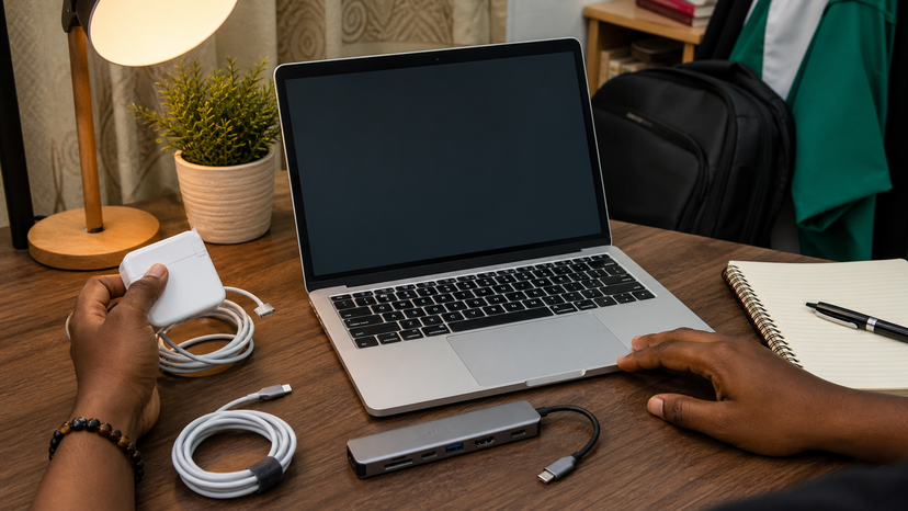 Compact MacBook work setup with notebook, charger, adapter hub, and desk light