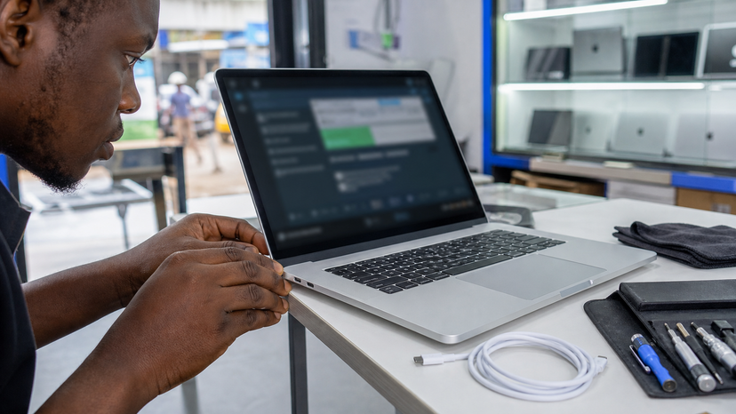 Close inspection scene showing a used MacBook keyboard, USB-C ports and battery status workflow without readable screen text
