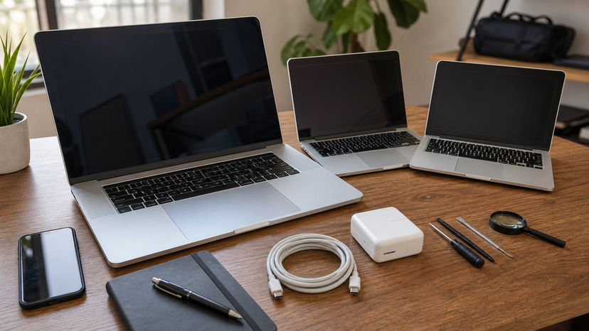 Comparison-style desk scene with a 15-inch MacBook beside smaller laptop silhouettes and accessories, no readable text