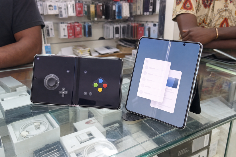 Two Android phones showing abstract multitasking and gaming controls on a Nigerian phone-shop counter