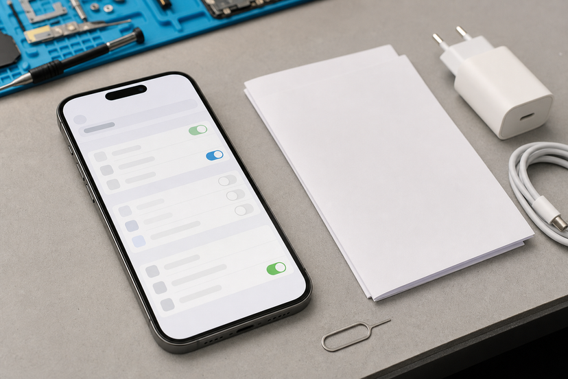 Smartphone settings screen beside blank warranty papers, SIM tool, charger, and repair tools