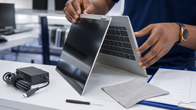 Close inspection of a used convertible laptop hinge keyboard and touchscreen