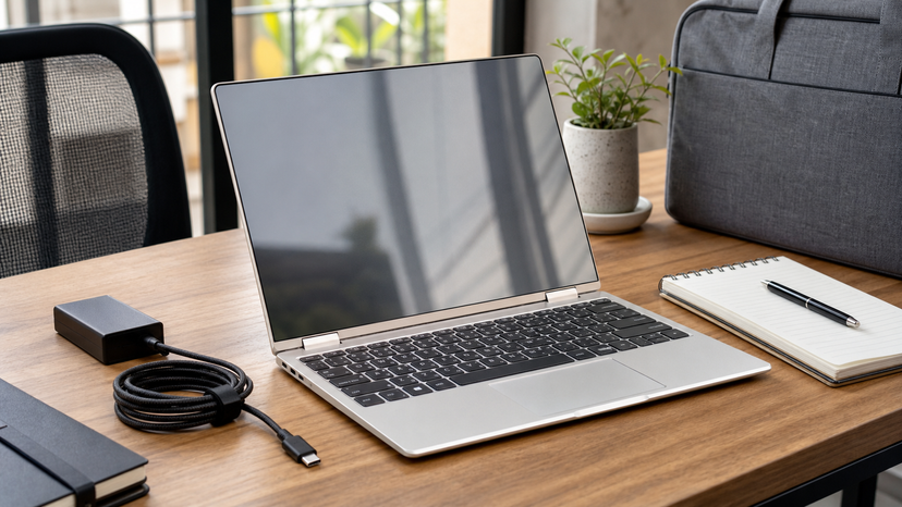 Compact business laptop on a Nigerian work desk with charger and notebook