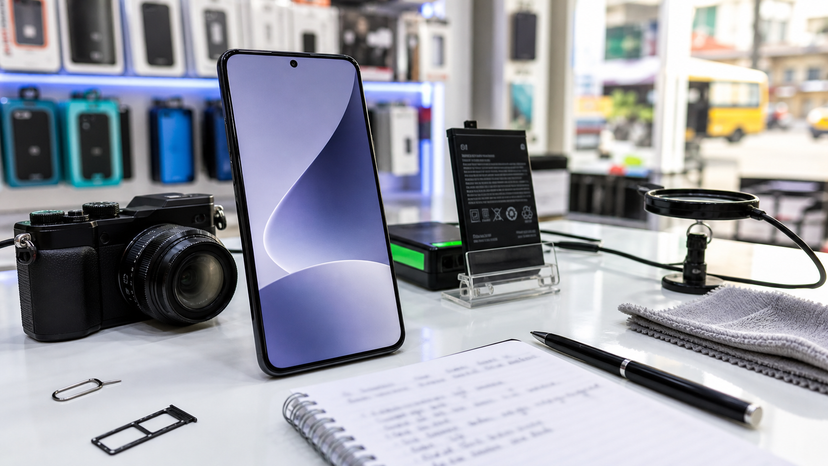 Close-up of a Xiaomi-style smartphone display beside camera and battery inspection notes