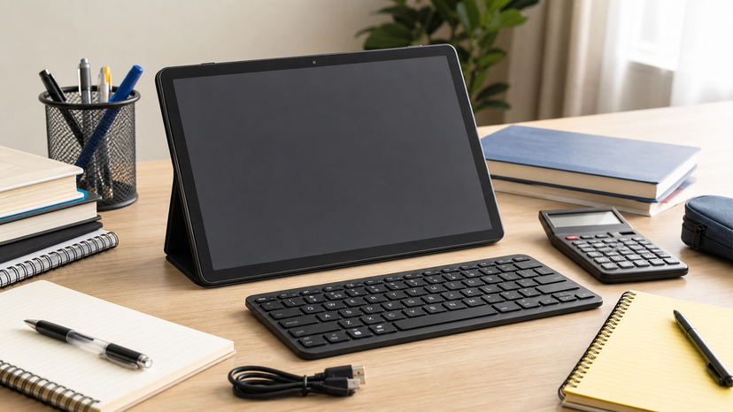 11-inch Android tablet with keyboard beside notebooks and study accessories