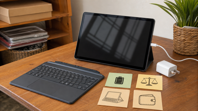 Tablet charging with notes showing battery and accessory decision points