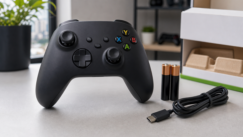 Close view of a black Xbox-style controller beside AA batteries and a USB-C cable on a desk