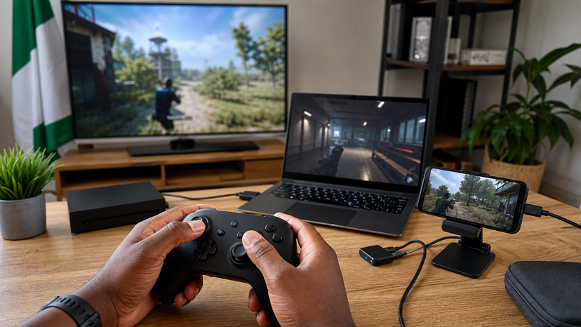 Gaming setup showing controller use across console, laptop and smartphone without visible brand logos