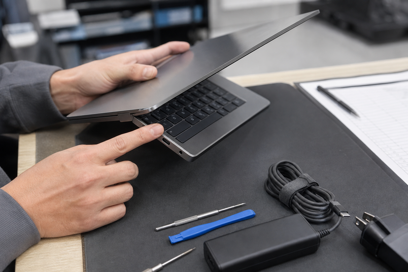 Used business laptop inspection showing ports, hinge, keyboard, charger, and repair tools