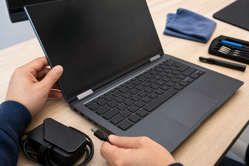 Hands inspecting ports, hinge, charger and keyboard on a used business laptop